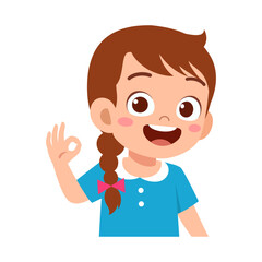 Happy Smiling Young Girl Showing Ok Gesture With Hand Wearing Blue Dress Cartoon Illustration