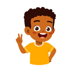 Happy African American Boy Smiling and Making Peace Sign with Hand Wearing Yellow Shirt Illustration