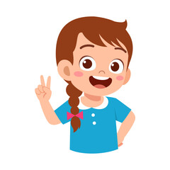 Happy Little Girl Smiling and Making Peace Sign Wearing Blue Dress with Braided Hair Illustration