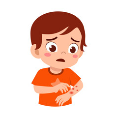 Worried Little Caucasian Boy Looking at The Skin Rash on His Arm Cartoon Illustration