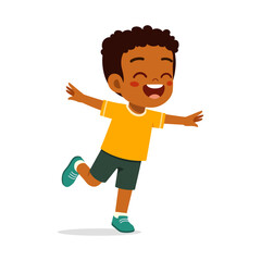 Happy African American Boy Spreading Arms Smiling in Cartoon Illustration Style Isolated