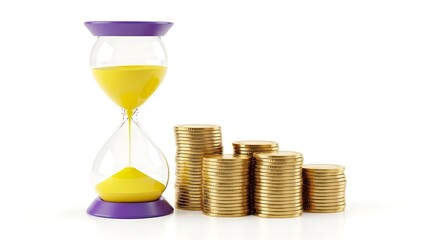 Time is Money Hourglass with Gold Coins Stacked on White Background