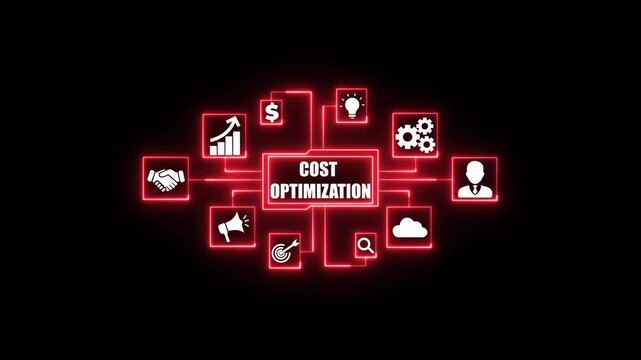 Cost optimization business strategy icons connected by glowing blue lines on black background. Business, Technology, Internet and network concept.