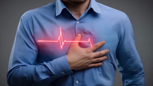 Man holding chest with red heartbeat line glowing symbolizing heart pain medical emergency health problem wearing blue shirt serious expression isolated on gray background cardiac health concern