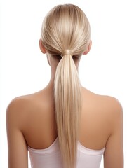 Naklejka premium This image shows a person with long straight blonde hair tied in a neat ponytail from the back, highlighting a simple and elegant hairstyle.