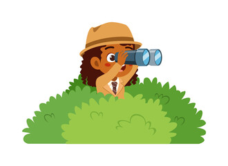 African American Girl Looking Through Binoculars Peeking From Bushes Discovery Exploration