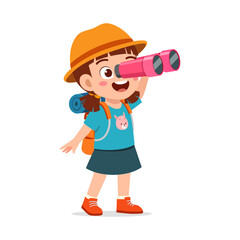 Happy Girl Looking Through Binoculars Wearing Hat and Backpack on Adventure Trip Cartoon