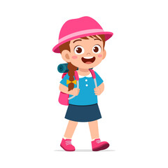 Happy Caucasian Girl Hiking with Backpack and Pink Hat Smiling Adventure and Outdoor Trip
