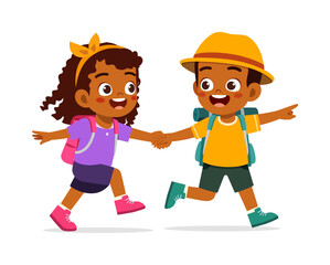 Happy African American Kids Running Together Wearing Backpacks and Smiling Joyfully Cartoon Illustration