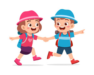 Happy Children Hiking Together Holding Hands and Smiling in Colorful Illustration