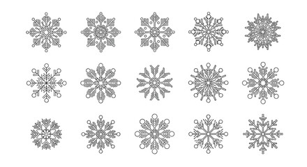 A collection of fifteen unique snowflake designs perfect for winter themed crafts and decorations.