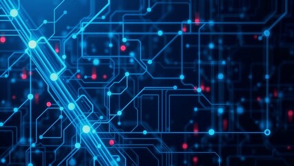 An intricate web of glowing blue and red nodes illustrates data processing on a futuristic motherboard, a high-tech digital communication concept