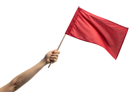 Holding a red flag, raising an arm. Transparent. For compositing. Cutout ready.