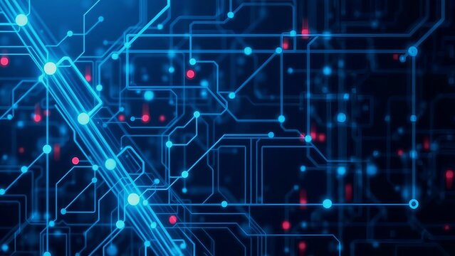 An intricate web of glowing blue and red nodes illustrates data processing on a futuristic motherboard, a high-tech digital communication concept