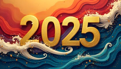 2025 New Year Abstract shiny color gold wave design element