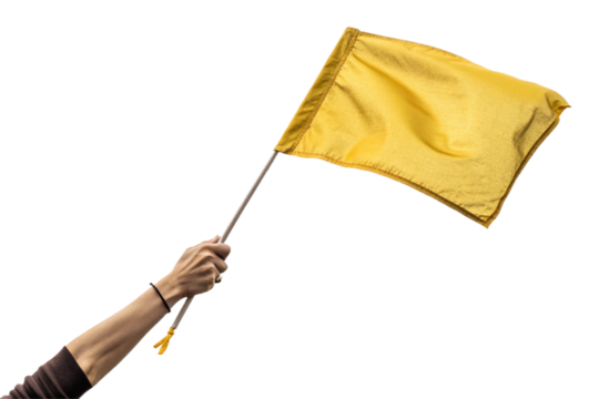 Holding a yellow flag, raising an arm. Transparent. For compositing. Cutout ready.