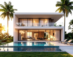 Two-Story Modern House with Slanted Roof and Garden Terrace, Side Perspective, isolated