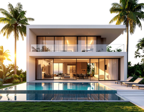 Two-Story Modern House with Slanted Roof and Garden Terrace, Side Perspective, isolated