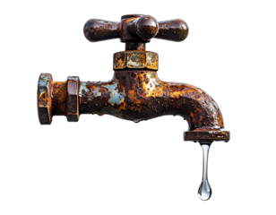 Antique Outdoor Faucet with Dripping Water Drop, Side Angle, isolated