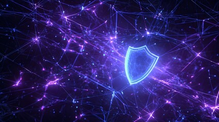 Glowing blue digital shield icon on abstract purple network background, concept of cybersecurity, data protection, and internet safety.