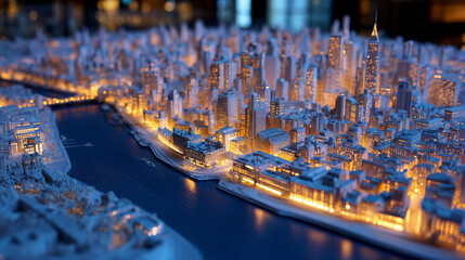 A single light beam scanning across a city model symbolizing analysis innovation and planning representing futuristic technology urban design and precision in architectural visualization