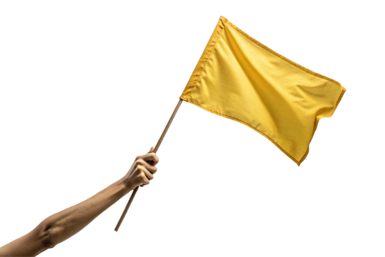 Holding a yellow flag, raising an arm. Transparent. For compositing. Cutout ready.