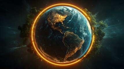 Fototapeta premium Realistic planet Earth surrounded by a glowing golden energy ring in deep space, concept of global protection, communication network, or climate change.