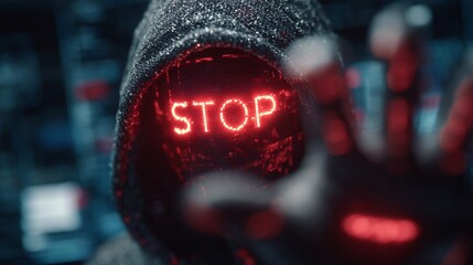 A mysterious figure in a dark hoodie displays a glowing 'STOP' message, suggesting a warning in a digital world.