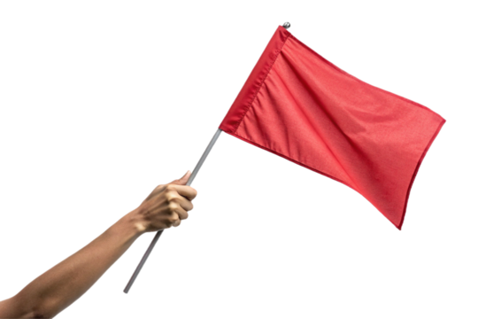 Holding a red flag, raising an arm. Transparent. For compositing. Cutout ready.