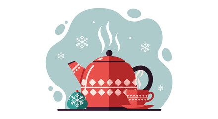 A festive, winter-themed illustration showcases a red teapot, cup, and snowflake ornaments, evoking warmth and holiday cheer on a teal background.