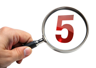 
Hand holding a magnifying glass with a 5 number simple on a white background