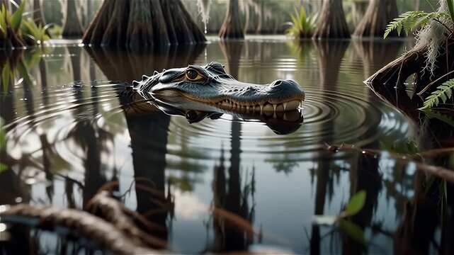 Alligator lurking just beneath water surface with ripples above &mdash; cinematic alligator lurking just beneath water surface with ripples above in 4K wildlife footage showing stealth and natural predator 