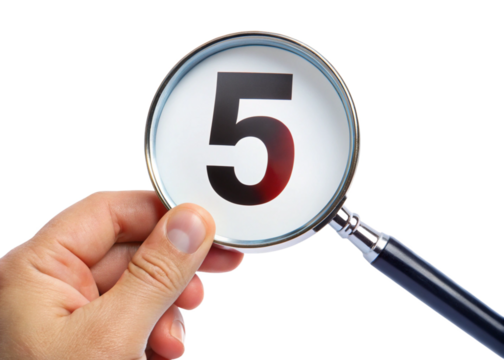 
Hand holding a magnifying glass with a 5 number simple on a white background