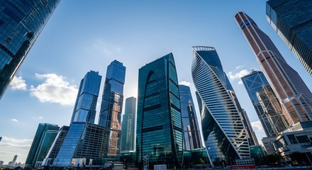 A low-angle view of modern glass skyscrapers in a city financial district against a bright sunny sky.