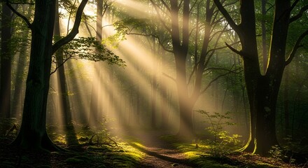 Golden sun rays stream through a dense forest canopy onto a tranquil path.