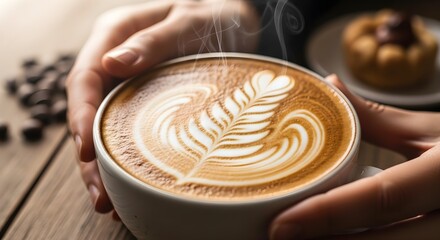 Hands holding a warm cup of cappuccino with intricate rosetta latte art on a wooden table.
