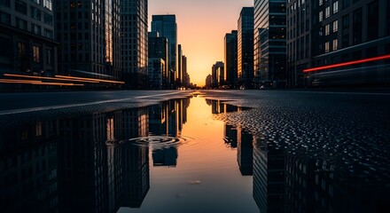 A low-angle view of a wet city street reflecting skyscrapers and a colorful sunset.