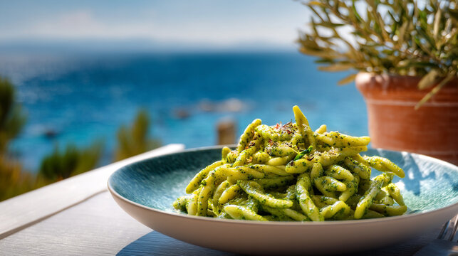 A plate of trofie pasta with pesto sauce on a table overlooking the sea and potted plant nearby