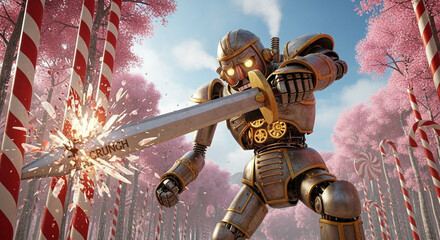 Armored Robot Knight Battling with Sword Amidst Whimsical Candy Canes and Pink Cherry Blossom Trees in a Sweet Fantasy Landscape