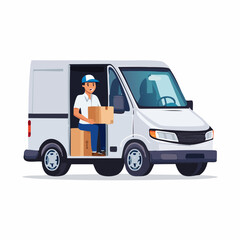 Delivery van driver holding package illustration on white background