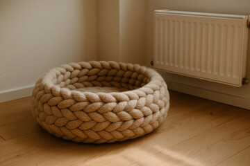 Obraz premium Chunky knit pet bed in cozy sunlit room near radiator on wooden floor, soft handmade modern decor for comfortable resting