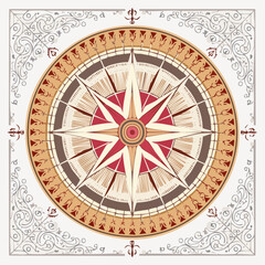 Obraz premium Detailed compass rose illustration with decorative border and floral elements