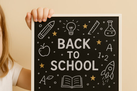 Child holding chalkboard sign with back to school text, featuring educational doodles and creative learning symbols