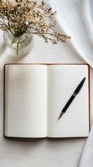 Blank White Pages Leather Notebook Ink Pen Clean Background Scene