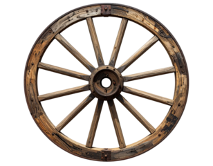 Single Antique Wooden Cart Wheel Front View, Rustic Texture, Isolated on Transparent Background