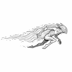 Vector art of a mythical creature with flowing hair, depicted in a dynamic pose, suggesting speed and agility, rendered in a detailed black and white sketch style