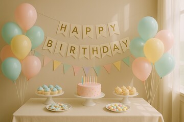Sweet Celebration: A festive birthday scene adorned with pastel balloons, delicious treats, and a charming banner, perfect for creating joyful memories.