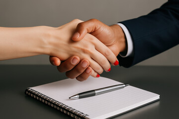 Businesspeople shaking hands over notebook, symbolizing partnership agreement, trust, teamwork, and cooperation in corporate setting