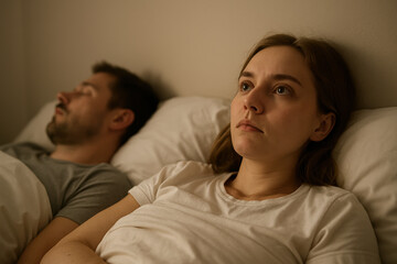 Young woman experiencing insomnia and anxiety while lying awake in bed beside sleeping partner at night, mental health concept