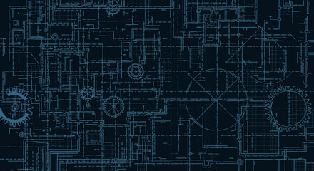 Obraz premium Dark blue blueprint background with complex mechanical details, gears, and architectural outlines. Concept for engineering projects, architectural designs, and technical presentations
